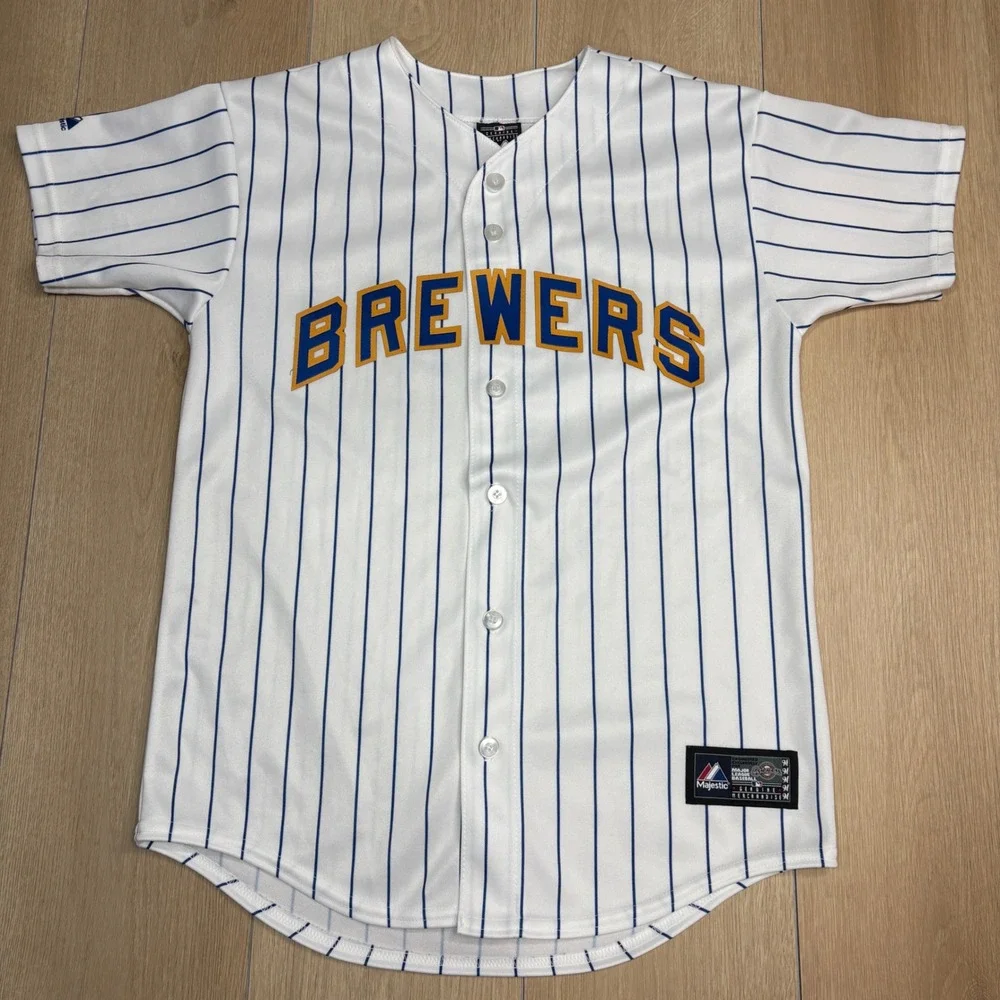 Majestic Milwaukee Brewers MLB Pinstripe Baseball Jersey Youth Large White Blue